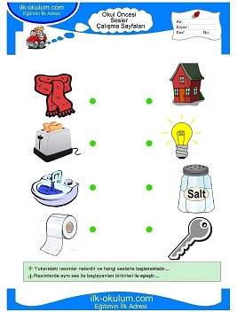 Çocuklar İçin Ses Eşleştirme Çalışma Sayfaları 